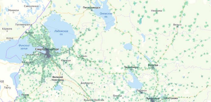 Зона покрытия МТС на карте Дубна 